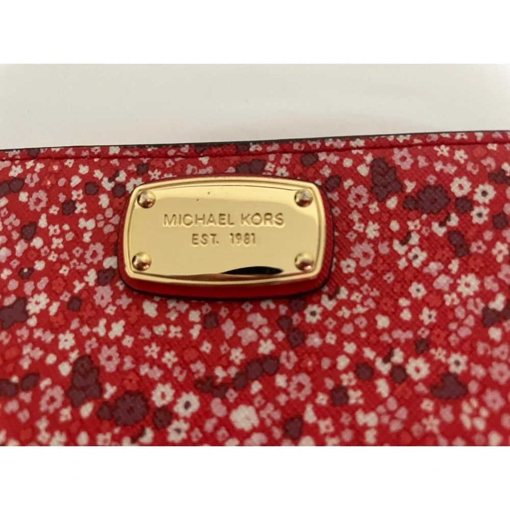Michael Kors Red Floral Saffiano Leather Wristlet Wallet‎ Gold Hardware Snap#651